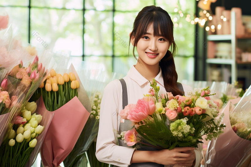 鲜花店美女手捧鲜花花束,高清,摄影图,摄影图片,图片大全,摄影图免费下载
